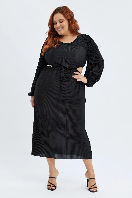 Fashionable clothing that fits every occasion   Black Midi Dress Long Sleeve Cut Out Plisse