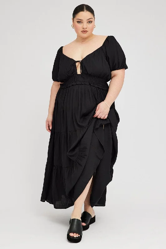 Fashionable clothing that fits every occasion   Black Midi Dress Short Sleeve Tiered Cut Out