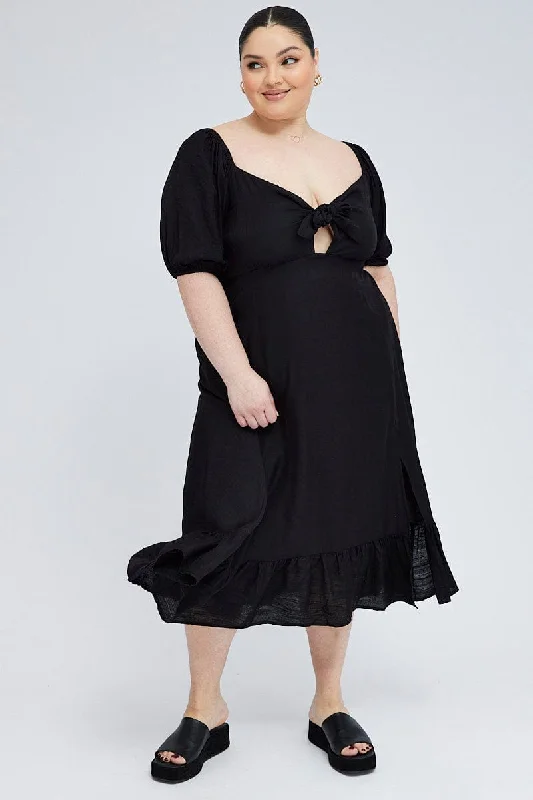Trendy women’s clothing    Black Tie Front Midi Dress Short Puff Sleeve Split Front