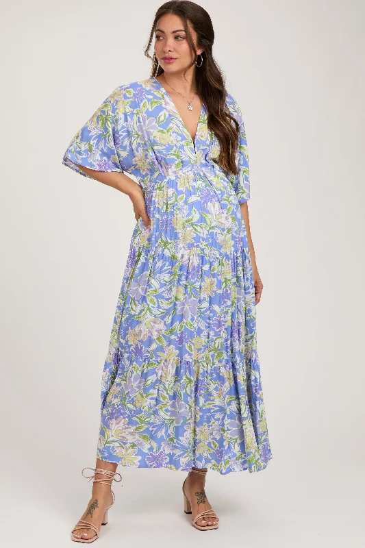 Cozy women’s clothing for the colder months   Blue Floral Dolman Sleeve Tiered Maternity Maxi Dress