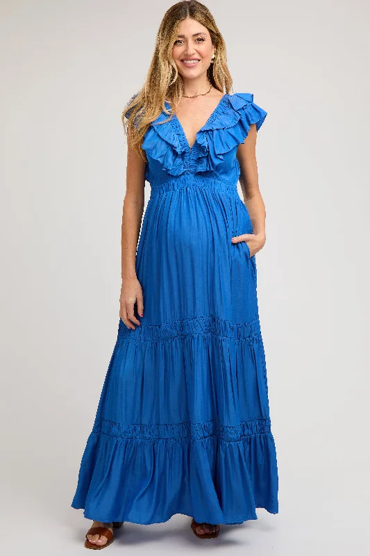 Bold and sophisticated looks for every woman Blue Layered Ruffle Tiered Maternity Maxi Dress Bold and sophisticated looks for every woman Blue Layered Ruffle Tiered Maternity Maxi Dress