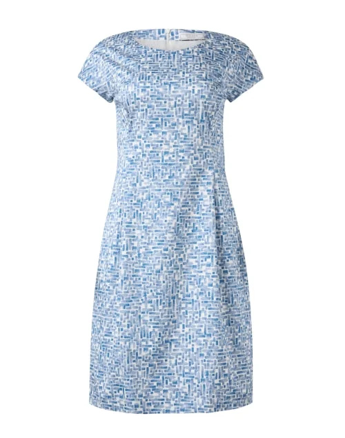 Feminine silhouettes for the modern woman   Blue Print Cotton Sheath Dress