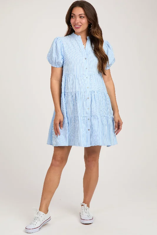 Dress up or down with these versatile pieces   Blue Striped Button Down Tiered Maternity Dress