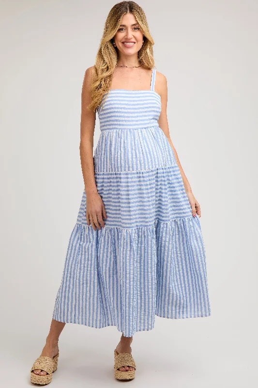 Express your style with fashionable women’s clothing Blue Striped Sleeveless Tiered Maternity Maxi Dress Express your style with fashionable women’s clothing Blue Striped Sleeveless Tiered Maternity Maxi Dress
