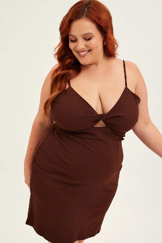 Fashionable clothing to fit every body type   Brown Midi Dress Shoestring Strap Fitted Stretch Crepe