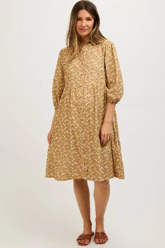 Cozy women’s clothing for the colder months Camel Floral Button Front 3/4 Sleeve Maternity Dress Cozy women’s clothing for the colder months Camel Floral Button Front 3/4 Sleeve Maternity Dress