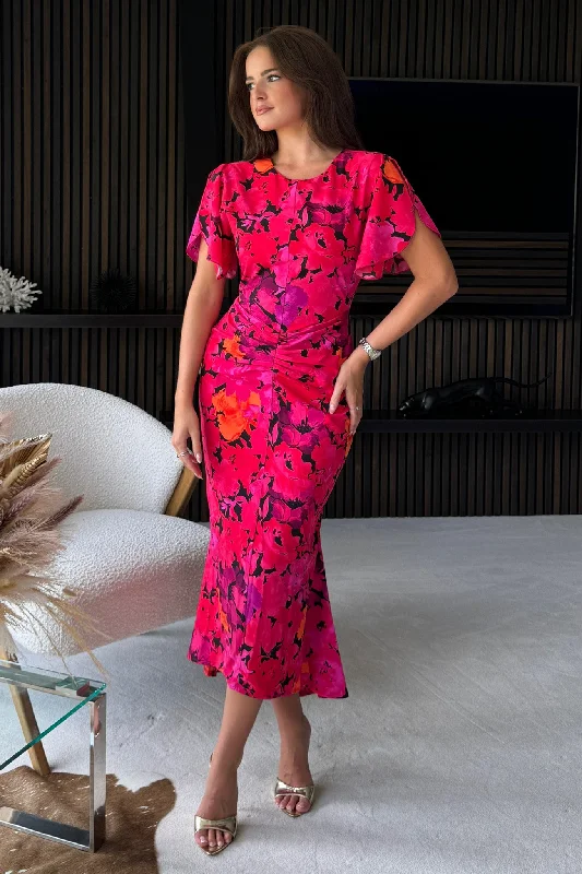 Timeless clothing pieces every woman should own   Cleo Pink Floral Ruched Detail Midi Dress