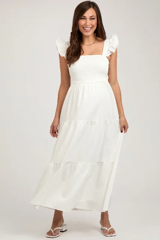 Premium quality women’s clothing at affordable prices   Cream Sleeveless Smocked Tiered Maternity Maxi Dress