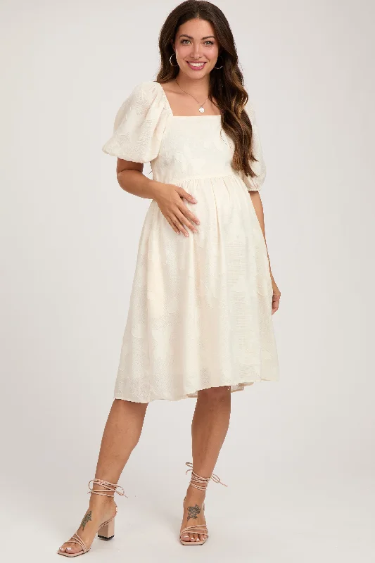 Chic and comfortable clothing for busy women   Cream Textured Floral Square Neck Puff Sleeve Maternity Dress