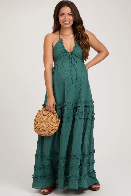 Fashionable clothing to fit every body type   Dark Teal Ruffle Ruched Deep V-Neck Maternity Maxi Dress