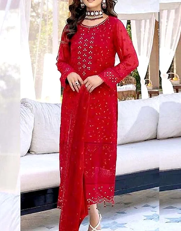 Women’s clothing that combines comfort and style   Embroidered Red Chiffon Party Wear Dress 2024 (DZ15301)