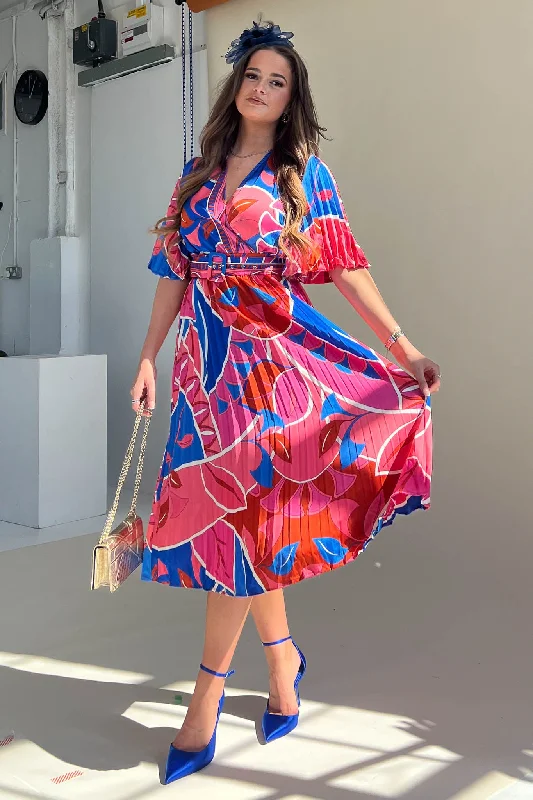 Chic for every occasion and style   Felicia Cobalt Abstract Print Pleated Midi Dress