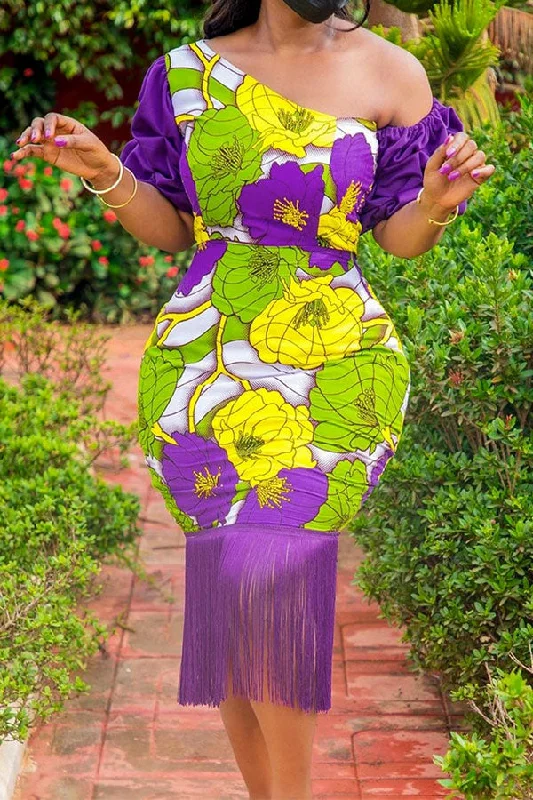 Fashion pieces that complement every woman’s style   Floral Print Elegant Oblique Collar Tassel Midi Dress