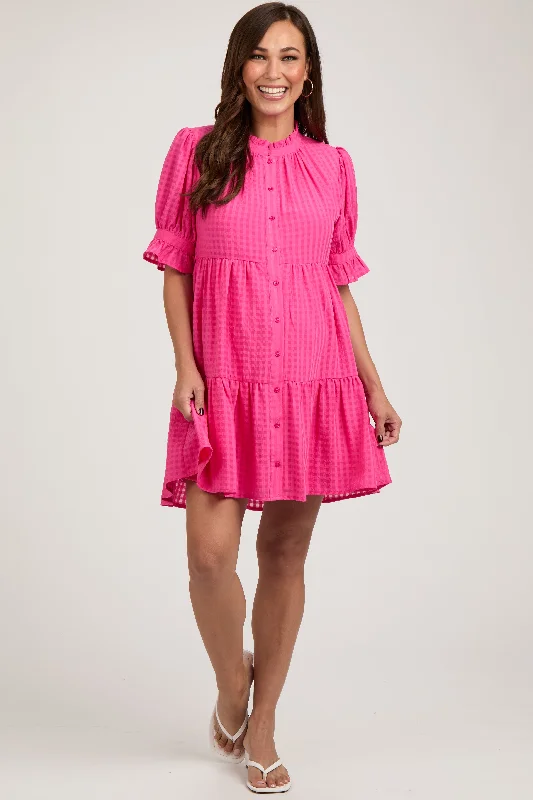 Elegant evening wear for special events   Fuchsia Buttoned Down Short Sleeve Maternity Dress