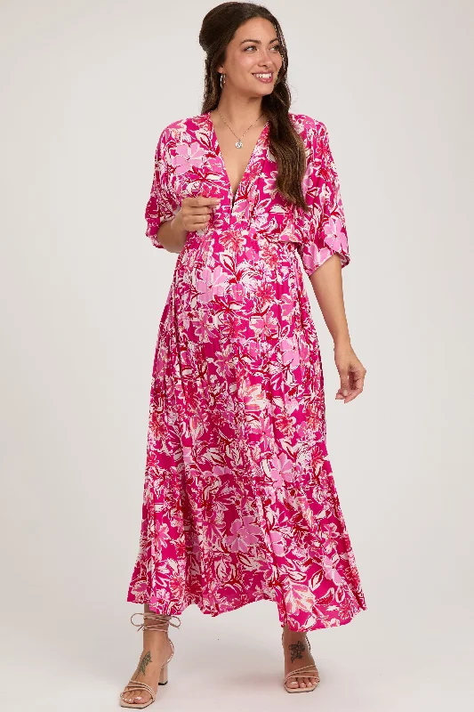 Refresh your wardrobe with stylish women’s outfits   Fuchsia Floral Dolman Sleeve Tiered Maternity Maxi Dress