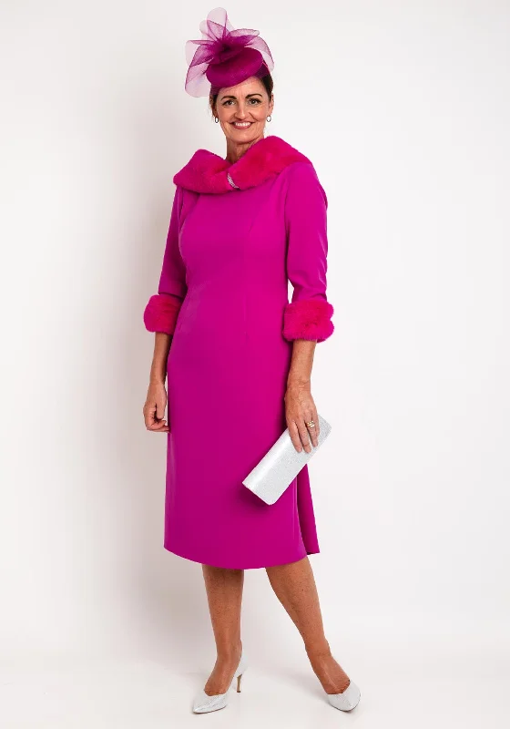 Versatile outfits to transition from day to night   Gabriela Sanchez Faux Fur Trim Midi Dress, Fuchsia