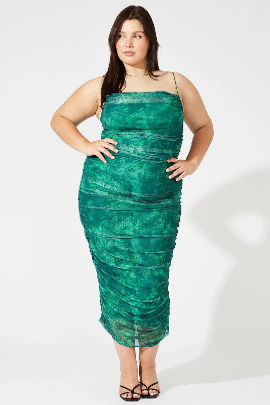 Essential women’s clothing for every season   Green Abstract Ruched Mesh Midi Dress