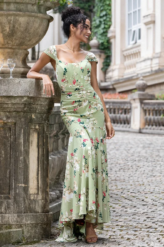 Dress up or down with these versatile pieces   Green Large Flower Mermaid Corset Print Long Wedding Party Guest Dress