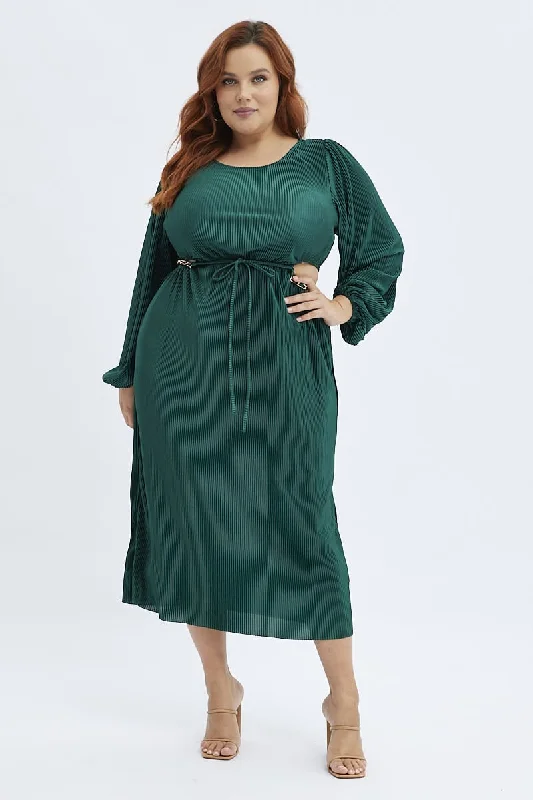 High-fashion styles at affordable prices   Green Midi Dress Long Sleeve Cut Out Plisse