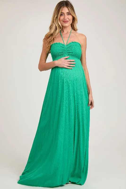 Feminine and fashionable clothing for every wardrobe   Green Smocked Halter Maternity Maxi Dress