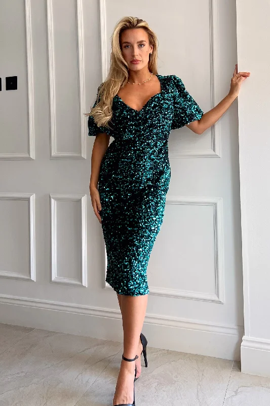 Fashionable clothing to fit every body type   Harbor Green Velvet Sequin Wrap Detail Midi Dress
