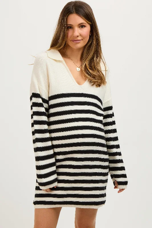 Elegant evening wear for special events Ivory Striped Collared Long Sleeve Maternity Sweater Dress Elegant evening wear for special events Ivory Striped Collared Long Sleeve Maternity Sweater Dress
