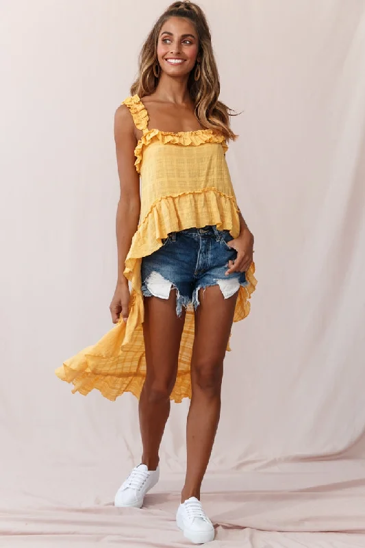 The ultimate destination for women’s clothing Jacinta High-Low Ruffle Strap Top Mustard The ultimate destination for women’s clothing Jacinta High-Low Ruffle Strap Top Mustard