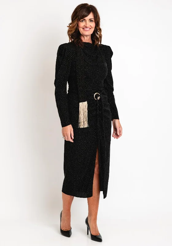 Bold, confident, and stylish women’s clothing   Kameya Gold Pattern, Tassel Sash Midi Dress, Black