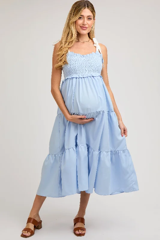 Elegant evening wear for special events Light Blue Sleeveless Tiered Colorblock Strap Maternity Maxi Dress Elegant evening wear for special events Light Blue Sleeveless Tiered Colorblock Strap Maternity Maxi Dress