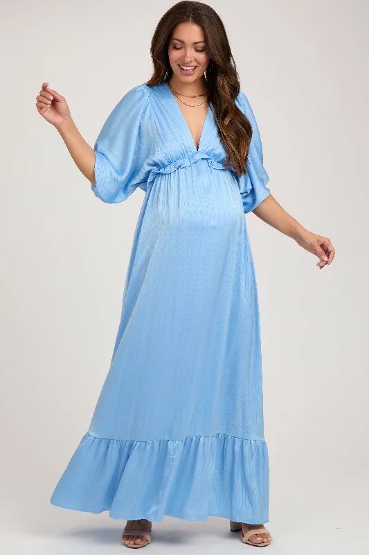 Comfortable yet stylish outfits for women on the go   Light Blue Striped Ruffle Accent Maternity Maxi Dress