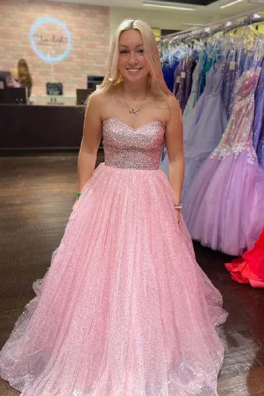 Fashion-forward styles that make a statement   Light Pink A-Line Floor Length Strapless Sparkly Tulle Long Prom Dress  PSK411
