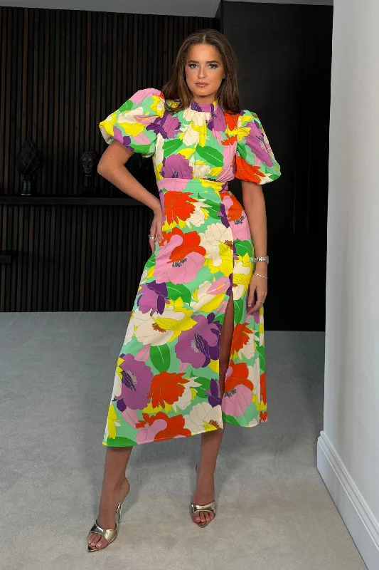 Women’s clothing to inspire confidence and beauty   Lilith Lime Floral Puff Sleeve High Neck Midi Dress