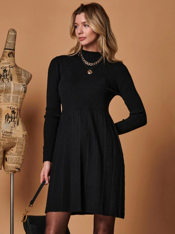 Elevate your look with premium women’s wear   Long Sleeve Fit & Flare Knit Dress, Black