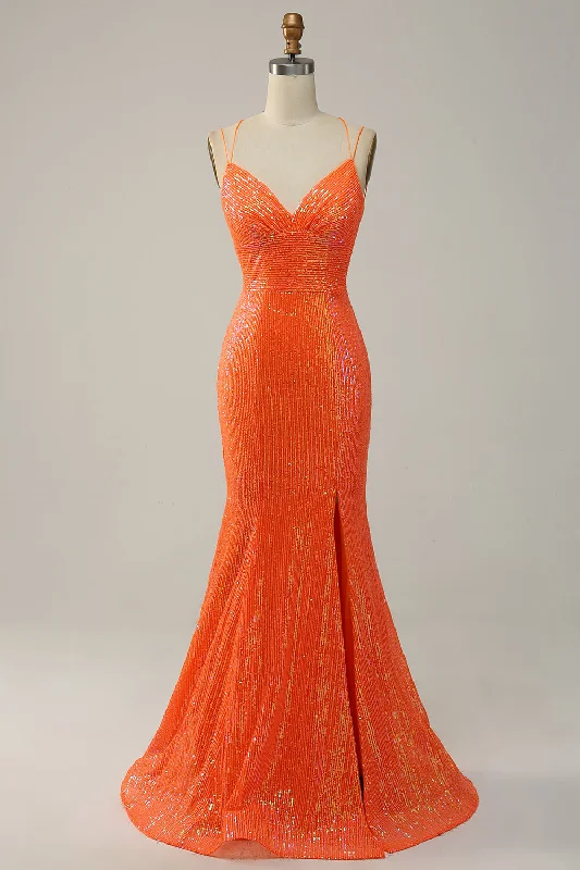Effortlessly chic fashion for today’s woman   Mermaid Spaghetti Straps Orange Sequins Prom Dress with Split Front