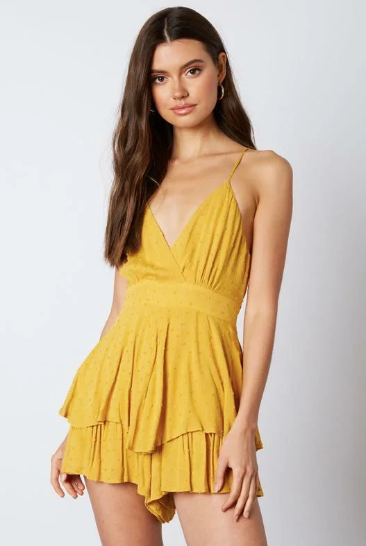 Modern fashion pieces designed for all women   Mila Mustard Yellow Surplice Ruffle Romper