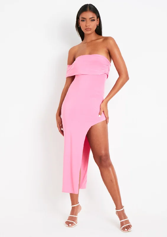 Women’s clothing to inspire confidence and beauty   Milana Pink Bardot One Shoulder Midi Dress With Slit