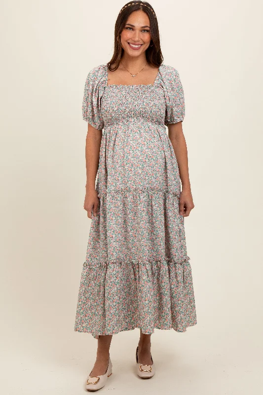 Confidence-boosting clothing for women Mint Floral Smocked Tiered Puff Sleeve Maternity Maxi Dress Confidence-boosting clothing for women Mint Floral Smocked Tiered Puff Sleeve Maternity Maxi Dress