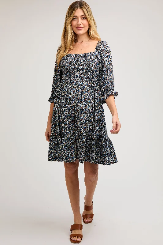 Women’s clothing that combines comfort and style Navy Blue Floral Smocked Maternity Dress Women’s clothing that combines comfort and style Navy Blue Floral Smocked Maternity Dress
