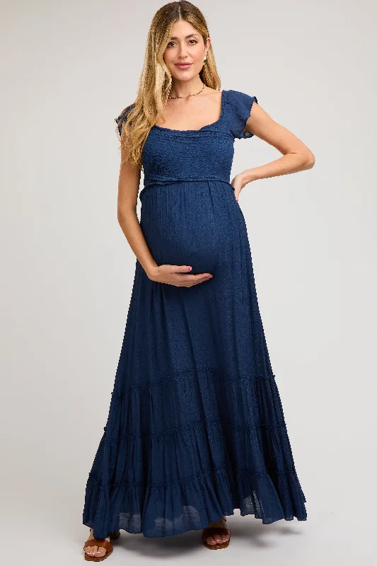 Feminine fashion to express your unique style Navy Smocked Crossover Off Shoulder Maternity Maxi Dress Feminine fashion to express your unique style Navy Smocked Crossover Off Shoulder Maternity Maxi Dress