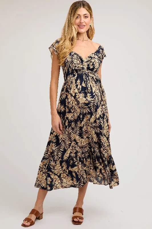 Bold fashion choices for the confident woman Navy Tropical Print Smocked Short Sleeve Maternity Maxi Dress Bold fashion choices for the confident woman Navy Tropical Print Smocked Short Sleeve Maternity Maxi Dress