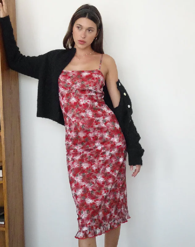 Affordable fashion that looks high-end   Nawari Midi Dress in Printed Lace Cherry