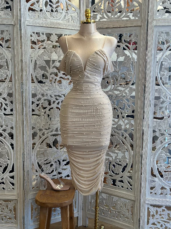 Bold and sophisticated looks for every woman   Nude Pearl Embellished Off Shoulder Midi Dress- Stretchy