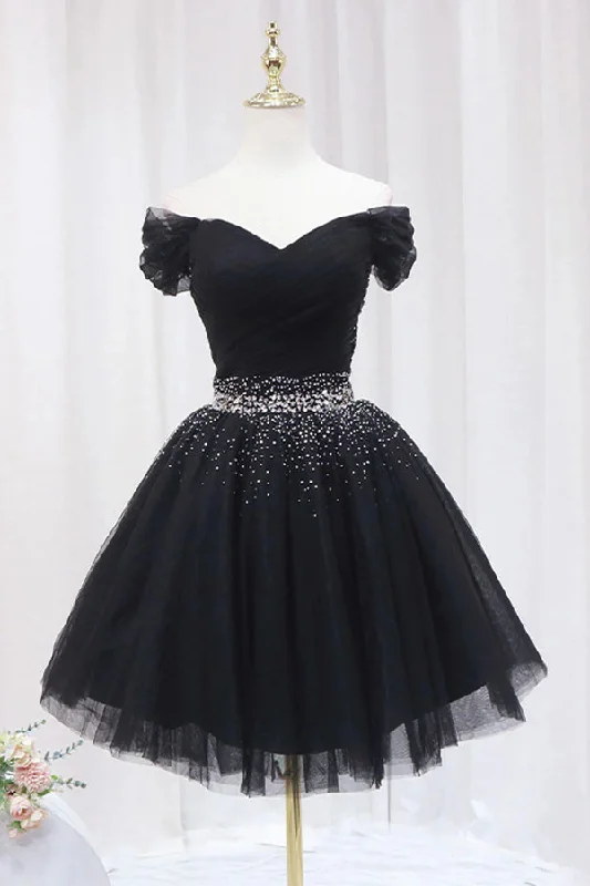 Chic, modern fashion for empowered women   Off The Shoulder Black Homecoming Dress Tulle Short Prom Dress  PD468