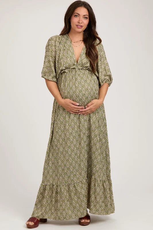 Versatile outfits to transition from day to night   Olive Deep V-Neck Short Puff Sleeve Ruffle Maternity Maxi Dress