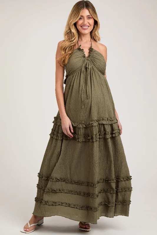 Bold fashion choices for the confident woman   Olive Ruffle Ruched Deep V-Neck Maternity Maxi Dress
