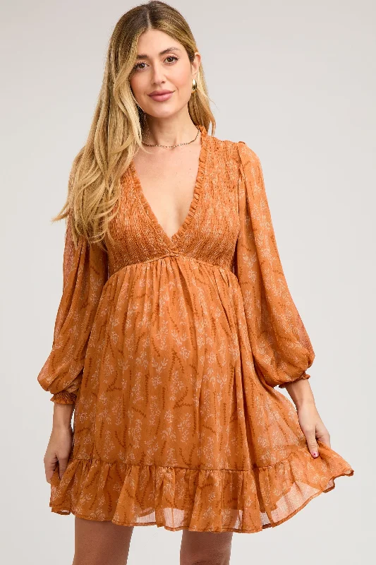Bold and beautiful clothing for every woman   Orange Floral Smocked Long Sleeve Maternity Dress
