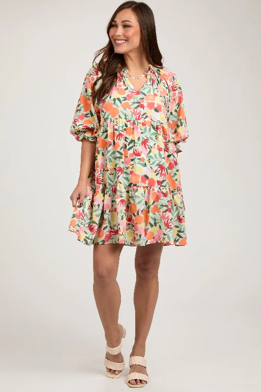 The ultimate destination for women’s clothing   Peach Fruit Print Long Sleeve Tiered Maternity Dress