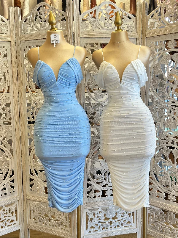 Refresh your wardrobe with stylish women’s outfits   Pearl Embellished Off Shoulder Midi Dress- Stretchy