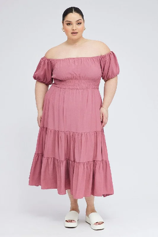Stylish women’s clothing designed for comfort   Pink Midi Dress Off Shoulder Elastic Waist Puff Sleeve