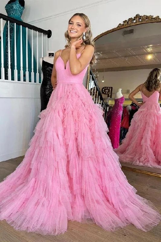 Elegant evening wear for special events   Pink V-Neck Empire Waist Tiered Long Prom Dress with Ruffles  PSK409